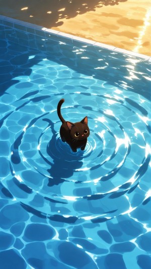 Curious brown kitten wading in sunlit blue water ripples